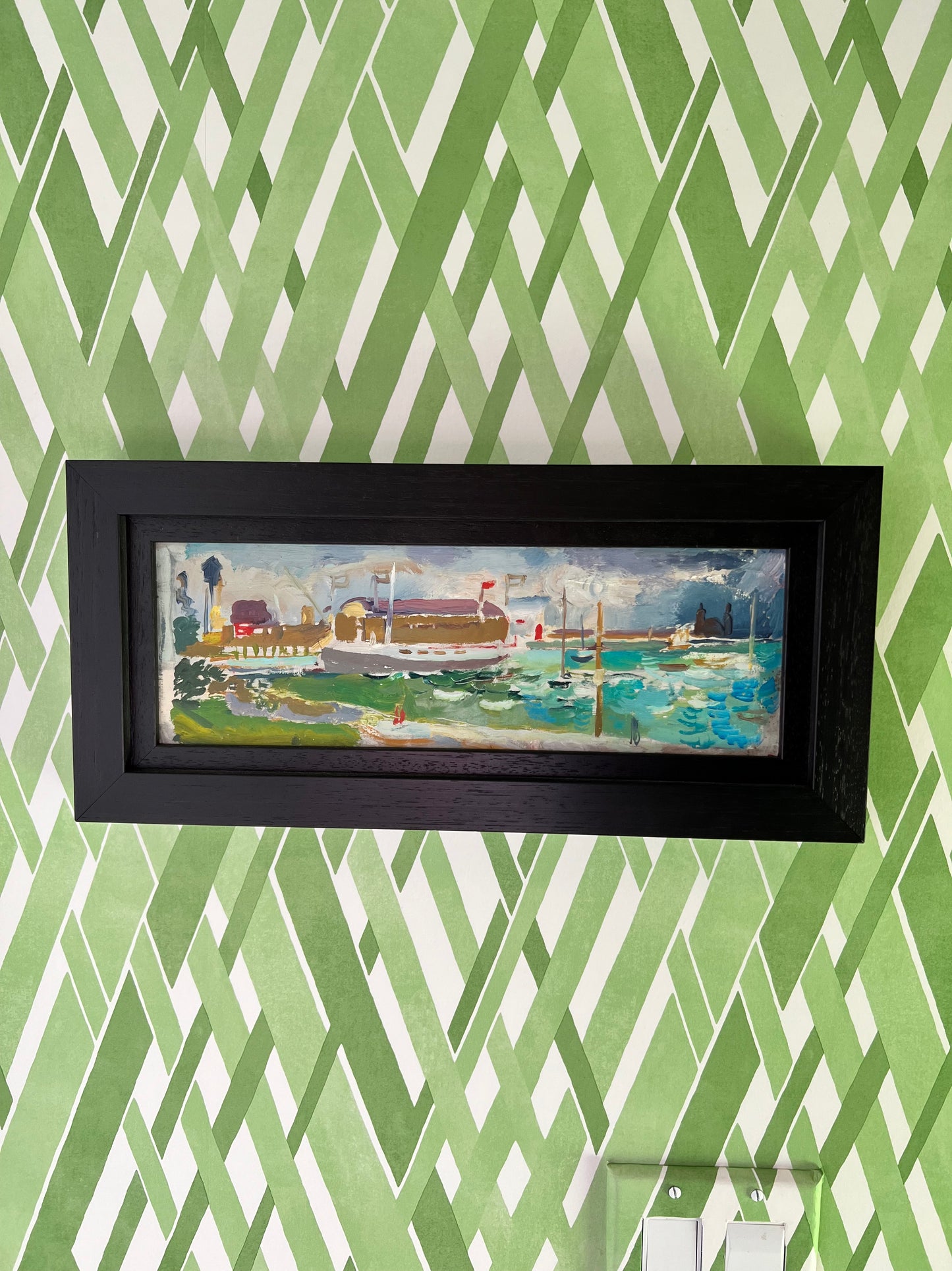 Francis Chapin(American 1899-1965)Navy Pier-Chicago/Oil on Masonite, C. 1930's 4 1/2" x 13"(Framed 7 1/2" x 16") Estate stamped on back.