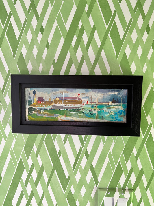 Francis Chapin(American 1899-1965)Navy Pier-Chicago/Oil on Masonite, C. 1930's 4 1/2" x 13"(Framed 7 1/2" x 16") Estate stamped on back.