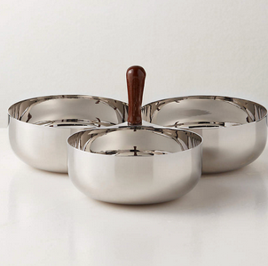 Polished Stainless Steel and Walnut Wood Serving Bowl Trio