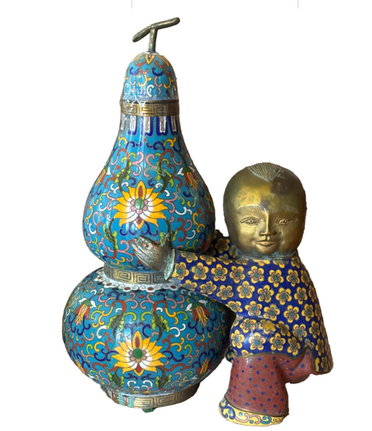 19th C. Chinese cloisonne boy w/ lidded double gourd.