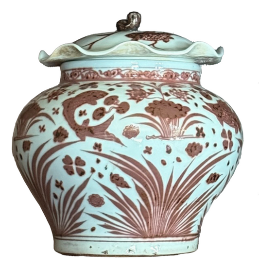 Pair of red/brown lidded jars