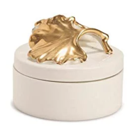 Lidded jewelry dish with ginko motif.
