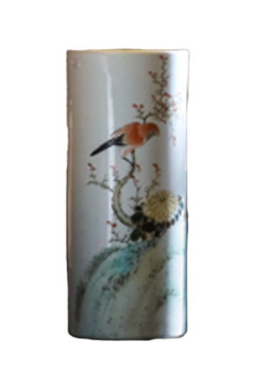 Pair of Chinese cap stand vases with hand painted birds and flora