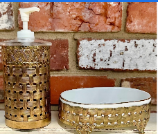 Vintage Basket Weave Soap DIsh and Pump Set