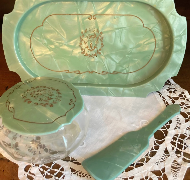Green Pearlized Celluloid Vanity Set Tray, powder box and shoe horn