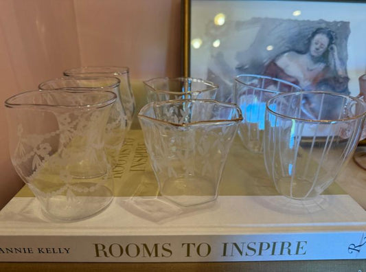 Set of 10 of Etched and Faceted Vintage Glasses