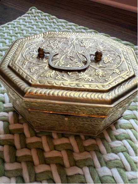 Vintage Engraved Brass Box with Handle – Octagonal