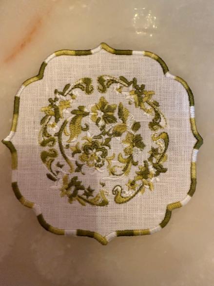 Green Floral Scalloped Embroidered Cocktail Napkin (Set of 7)