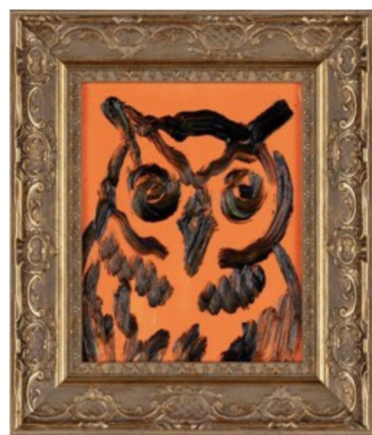 "Hunt Slonem Orange Owl Oil on Board 10 x 8 in"