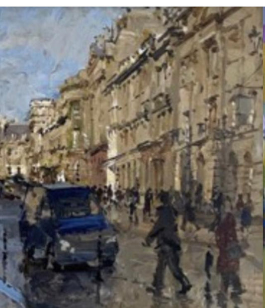 "Peter Brown Between the Showers Milson Street Bath oil on board 8 x 12 in"