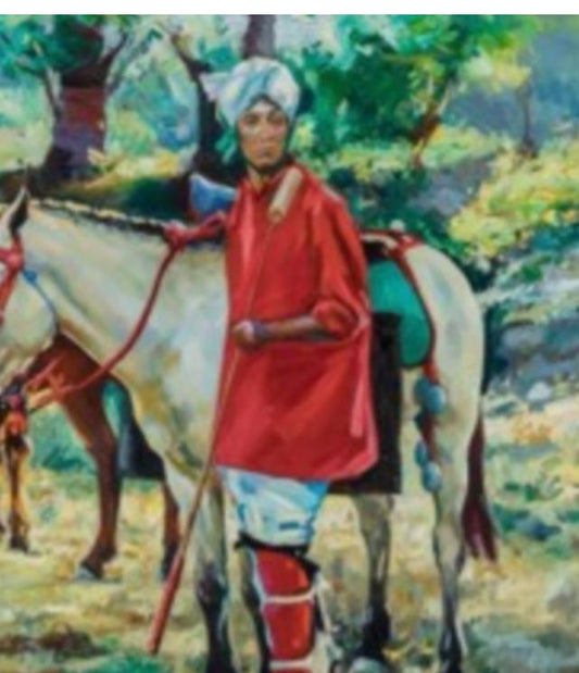 "Marcus Hodge Rider and Horses, Maripuir Oil on TIn 31.50 x 39 in"