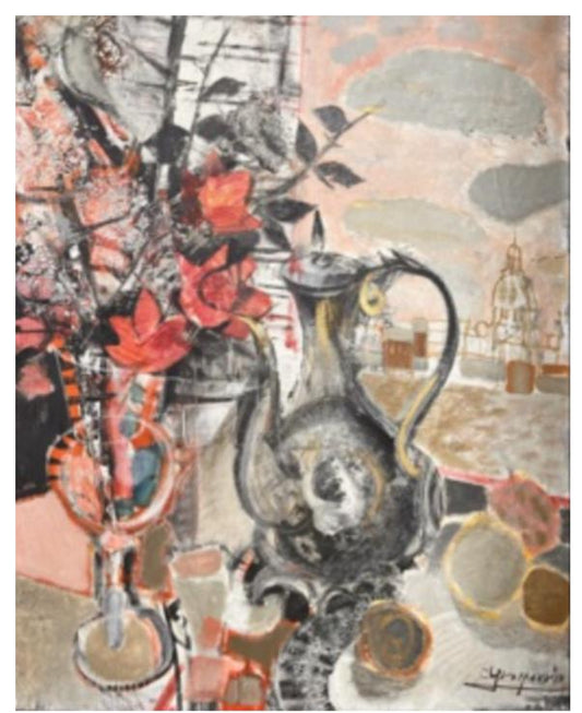 "Claude Grosperrin Tea Kettle and Tea Cups oil on canvas 32 x 25.50 in"