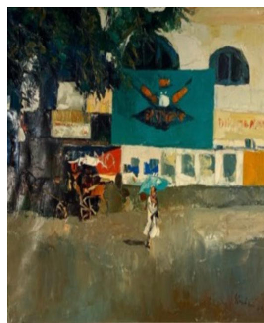 "Nicola Simbari The Blue Umbrella Oil on canvas 28 x 32 in "