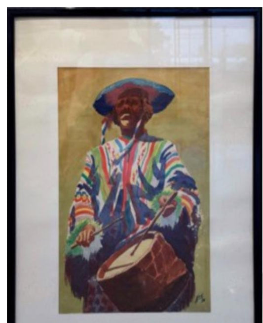 "20th Century Brazilian Drummer Watercolor 21 x 12 in"