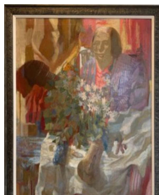 "20th Century Sat amongst the flowers Oil on Canvas 45 x 30 in"