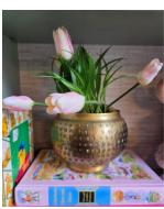 Faux Tulips in gold vessel